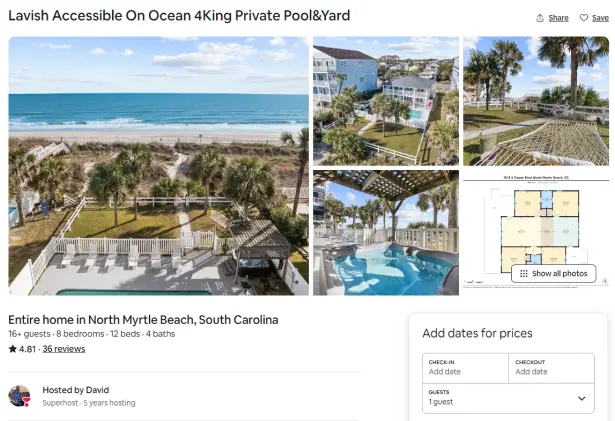 Vacation rental listing for a private oceanfront home in North Myrtle Beach